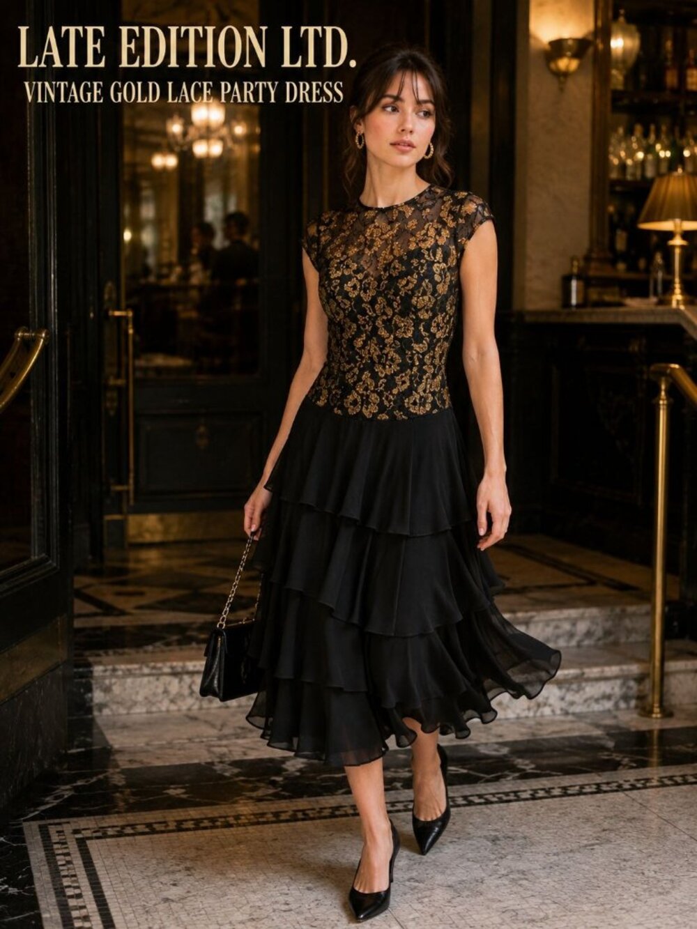 VTG 80s Late Edition Ltd Dress Sz 12 Black Gold Lace Tiered Party Glam
